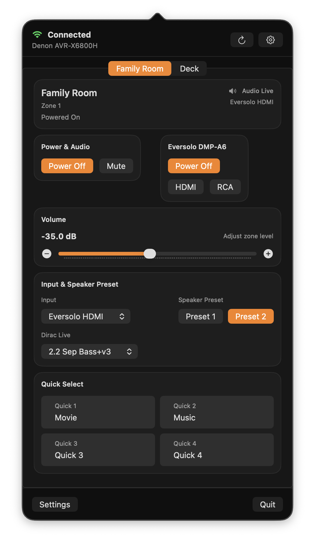 Denon AVR Control desktop app interface