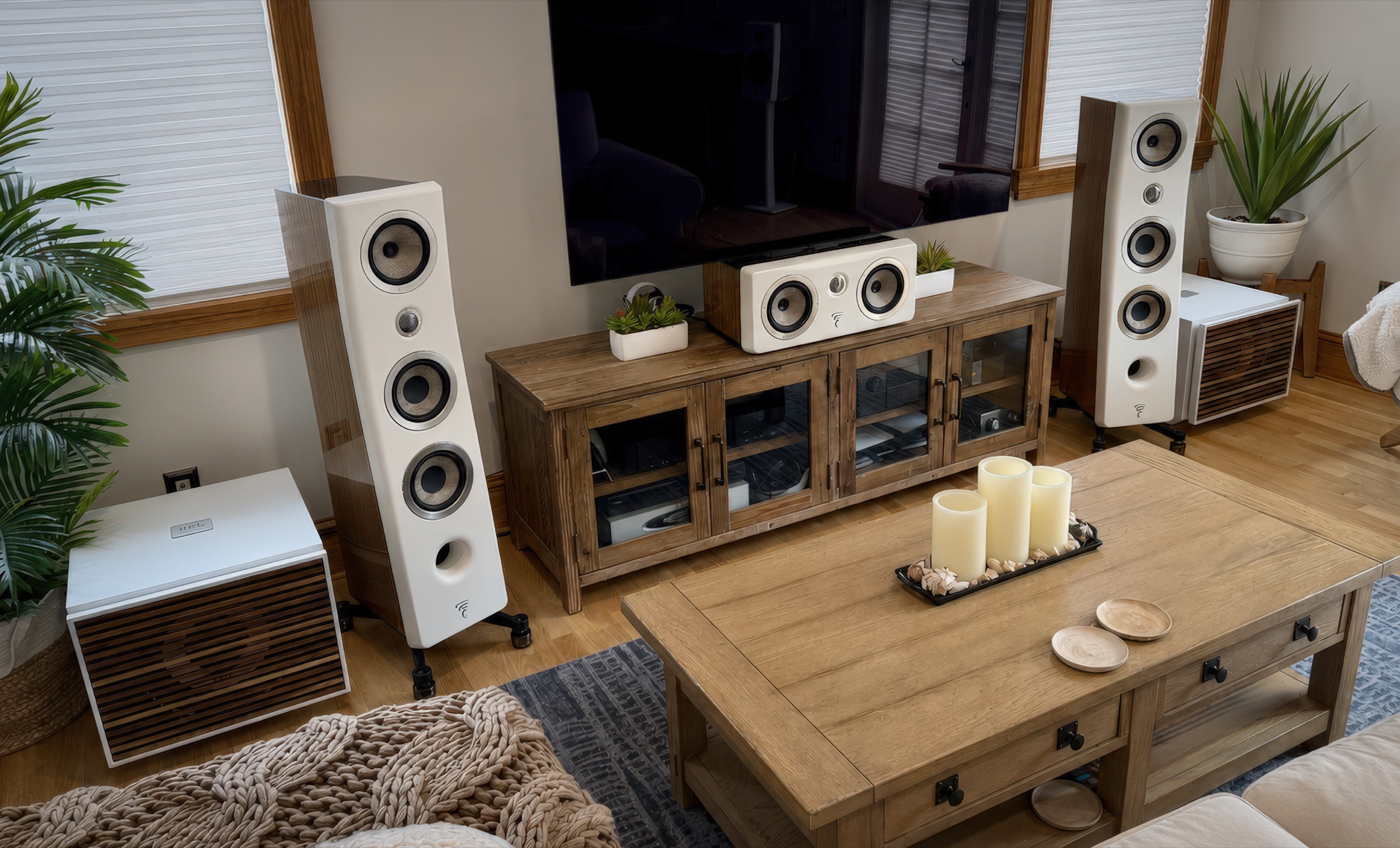 Wide view of the listening room with Focal speakers and REL subwoofers